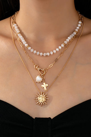 Layered Sun Heart Cross Charm Necklace
