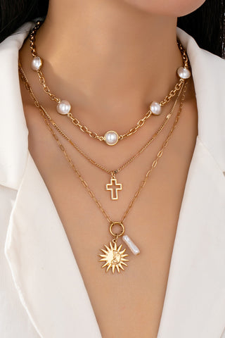 Layered Pearl Sun Cross Charm Necklace