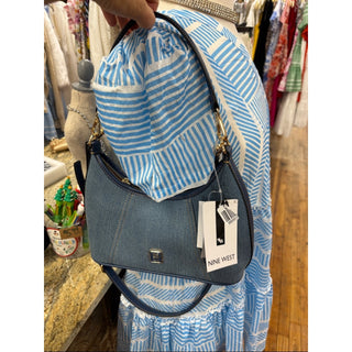 Nine West Denim-Textured Dome Shoulder Bag in Light Blue and Navy