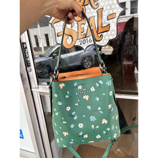 Coach Green Floral Leather Shoulder Bag Bucket Crossbody