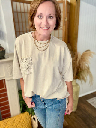 Light Khaki Crochet Pocket Mineral Wash Tee