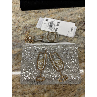 ON 34TH Beaded Silver Champagne Coin bag purse key chain bag charm