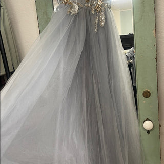 GB Gray Tulle Ball Gown prom dress with Gold Embellishment-lisa#1