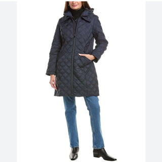 Tahari Navy Quilted Hooded Jacket lightweight