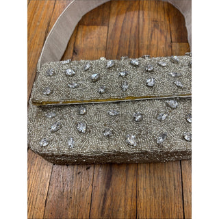 On 34th Embellished Ivory Evening Clutch with Crystal Beading