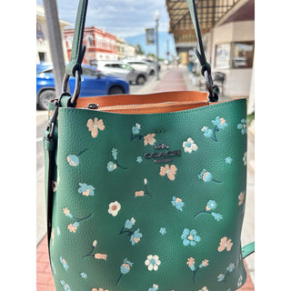 Coach Green Floral Leather Shoulder Bag Bucket Crossbody
