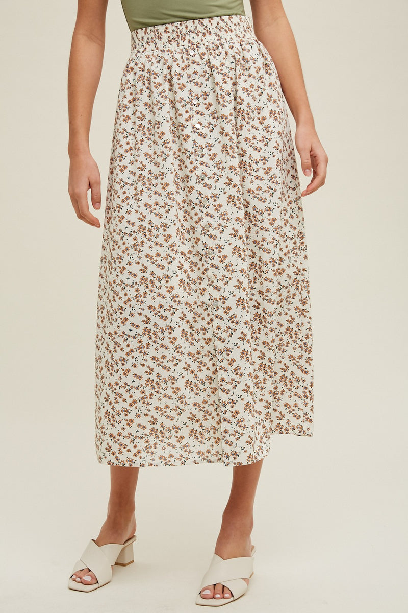 Cream Floral Buttoned Midi Skirt