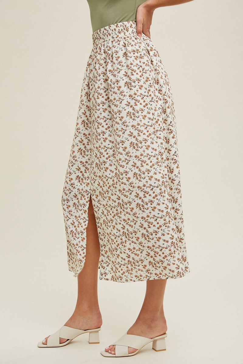 Cream Floral Buttoned Midi Skirt