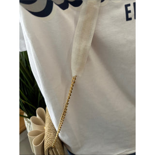 Like dreams Woven Straw Crossbody with Cream Bow Accent and Gold Chain
