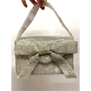 On 34th Silver Beaded Bow-Accent Wristlet Evening Bag