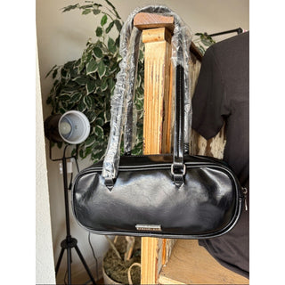 Madden Girl Black Faux Leather Shoulder Bag with Red Pom Pom Charm