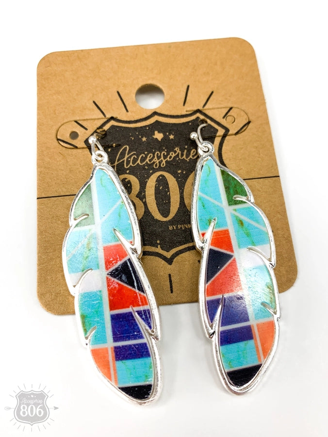 Multi-Color Silver Feather Earrings