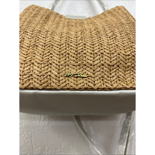 Betsey Johnson Pearl-Embellished Woven satchel Bag in Tan