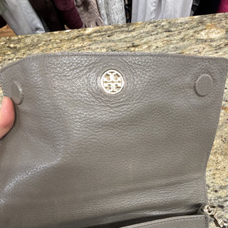 Tory Burch taupe Gray Small Pebbled Logo Crossbody Bag