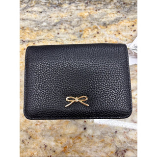 Pebbled Black Leather Wallet with Gold Bow Accent