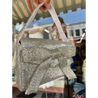 On 34th Silver Beaded Bow-Accent Wristlet Evening Bag