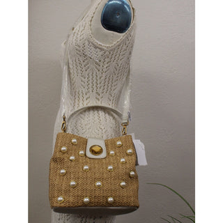 Betsey Johnson Pearl-Embellished Woven satchel Bag in Tan