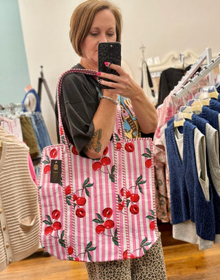 Sweet Pick Pink Cherry Stripe Tote Bag