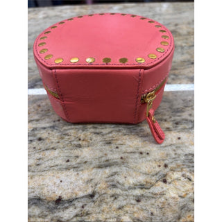 Old trend leather peach Round Coral Jewelry Case with Gold Stud