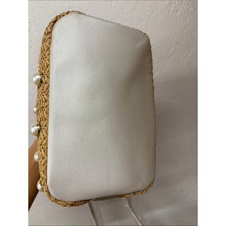 Betsey Johnson Pearl-Embellished Woven satchel Bag in Tan