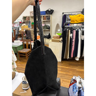 Donna Karan Black Suede Shoulder Bag with Gold Logo