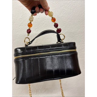 Steve Madden Black Patent Mini Top-Handle Bag with Beaded Accent