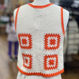 Aqua Vibrant Orange and Cream Crochet Vest Size XS