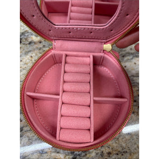 Old trend leather peach Round Coral Jewelry Case with Gold Stud