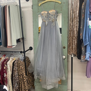 GB Gray Tulle Ball Gown prom dress with Gold Embellishment-lisa#1