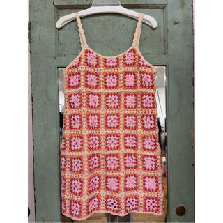 Aqua Pink and Orange Crochet Granny Square Tank Dress
