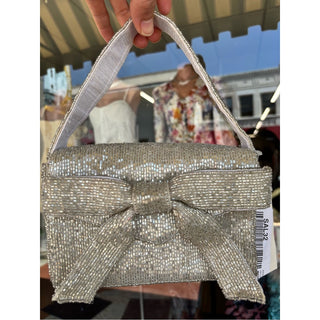On 34th Silver Beaded Bow-Accent Wristlet Evening Bag