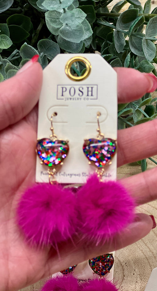 Fuchsia Puff Ball Bling Heart Earrings