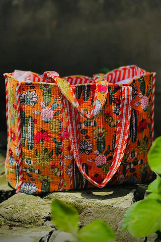 Clementine Orange Velvet Cactus Print Tote Bag