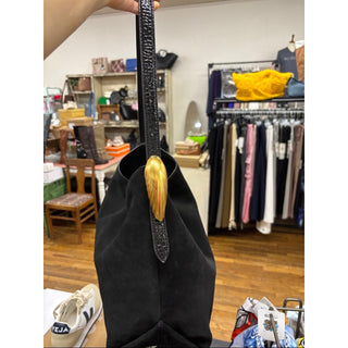 Donna Karan Black Suede Shoulder Bag with Gold Logo