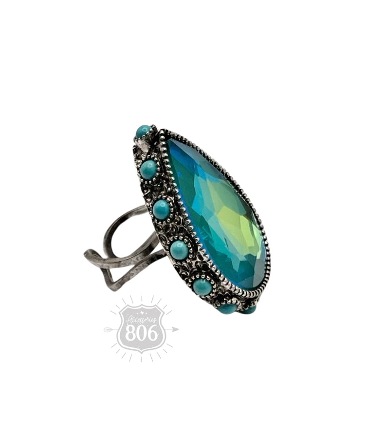 Teardrop Rhinestone Ring with Turquoise Bead Studs