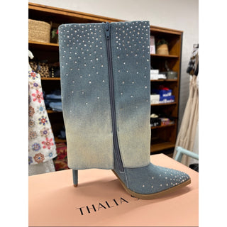 Thalia Sodi Blue/Beige Ombre Crystal-Embellished Denim High-Heel Boots W8M