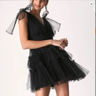 Limelight Black Tiered Tulle Mini Dress with Bow Shoulders-lisa#5