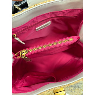 Betsey Johnson Pearl-Embellished Woven satchel Bag in Tan