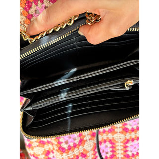 Michael Kors Black Leather Crossbody Bag with Gold Tone Hardware wallet attached