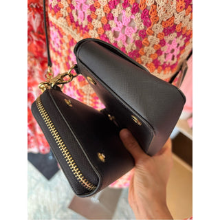 Michael Kors Black Leather Crossbody Bag with Gold Tone Hardware wallet attached