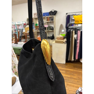 Donna Karan Black Suede Shoulder Bag with Gold Logo