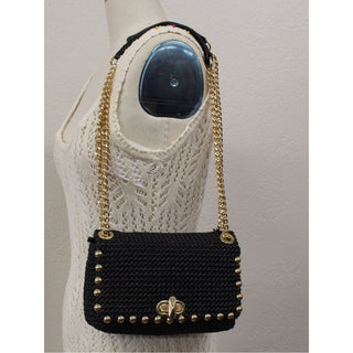 INC Black Woven Shoulder Bag with Gold Studs