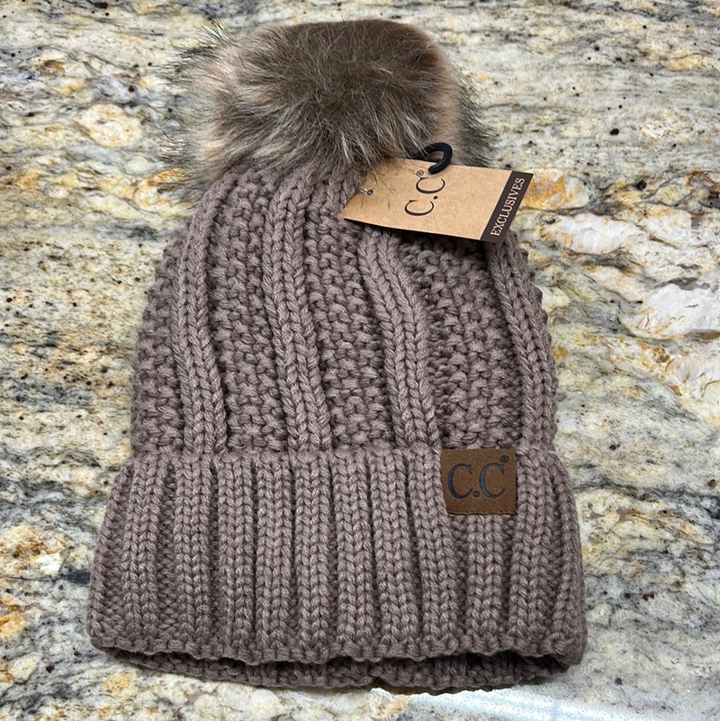 CC Knitted Pom Pom Hat with Fuzzy Fleece Lining