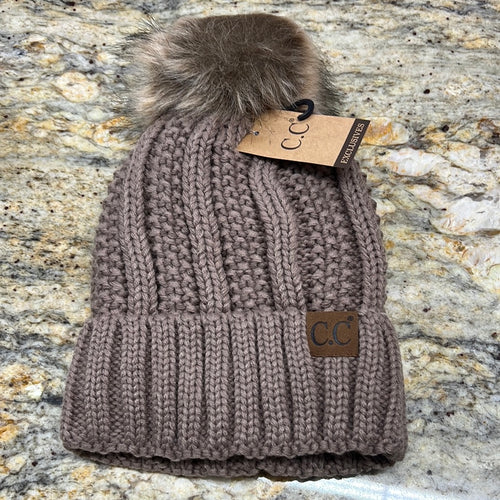 CC Knitted Pom Pom Hat with Fuzzy Fleece Lining