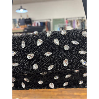 On the 34th Black Beaded Crystal-Embellished Evening Clutch