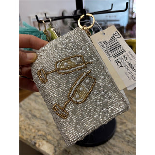 ON 34TH Beaded Silver Champagne Coin bag purse key chain bag charm