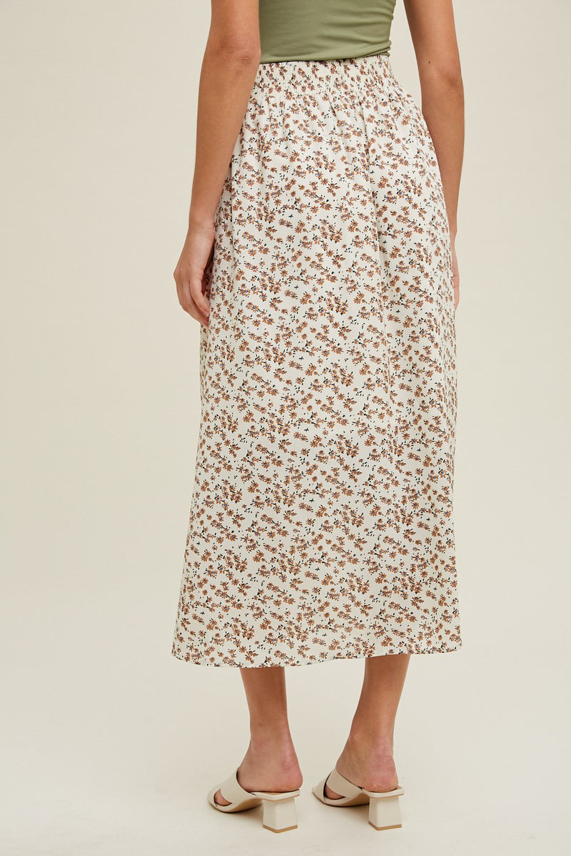 Cream Floral Buttoned Midi Skirt