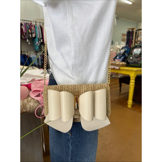 Like dreams Woven Straw Crossbody with Cream Bow Accent and Gold Chain
