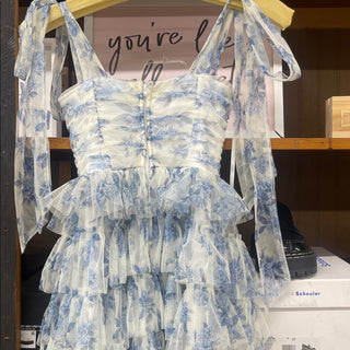 B smart Blue and White Ruffled Tie-Shoulder Maxi Dress size 0-lisa#3