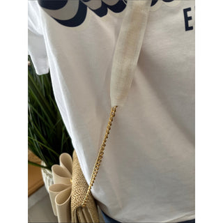 Like dreams Woven Straw Crossbody with Cream Bow Accent and Gold Chain